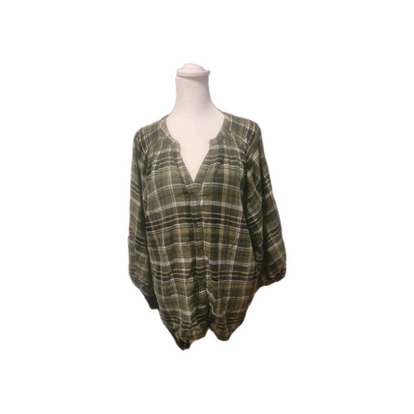 Time and Tru Tops - Time and Tru Women's 3/4 Sleeve 100% Cotton Plaid Green Smocked Top SZ XXXLarge